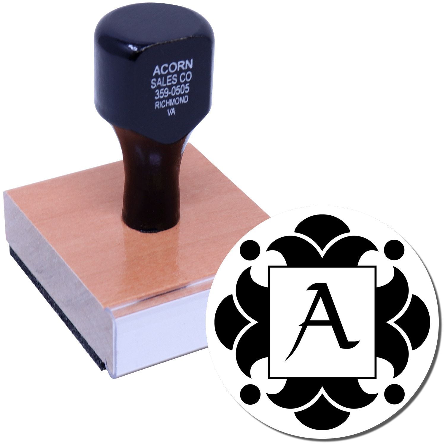 Blue Acorn Sales Co custom branding stamp on ink pad with logo text for Richmond VA; used for product marking and documents.