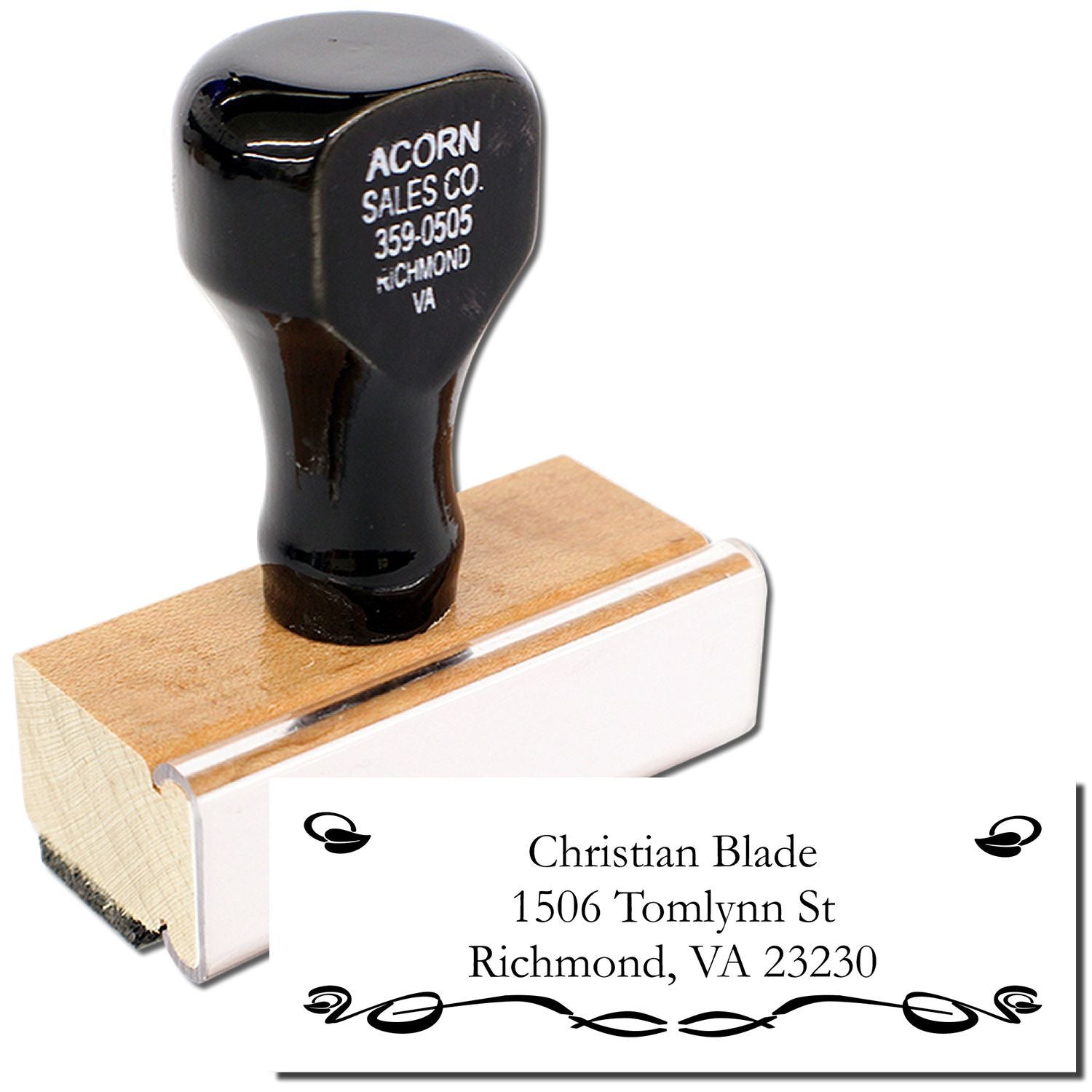 Custom address rubber stamp with decorative return address impression for Christian Blade, Richmond, VA.