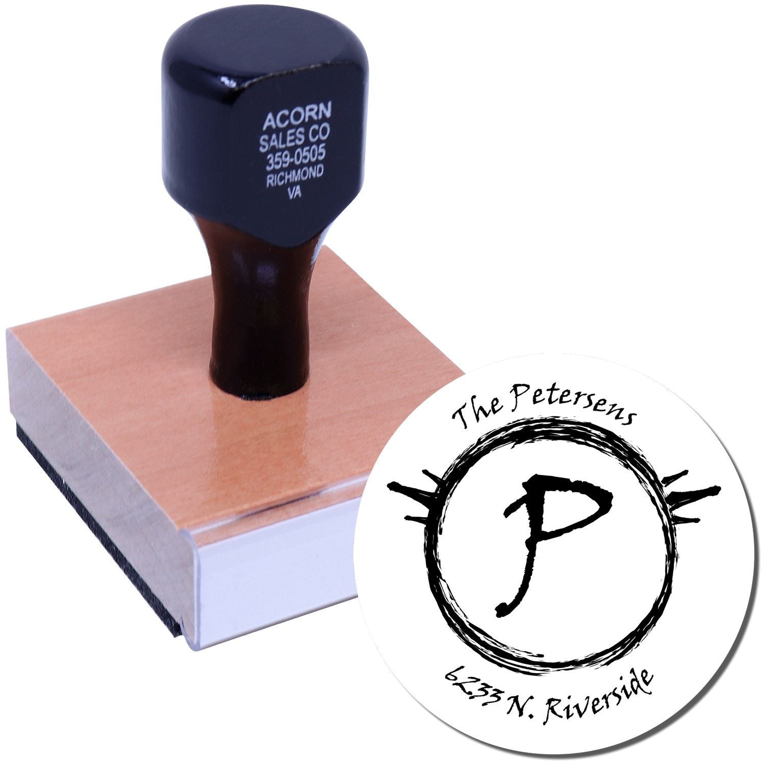 Close-up of Acorn Sales Co Richmond VA rubber stamp for The Petersens business logo, marking 1533 N. Riverside on envelopes and documents.