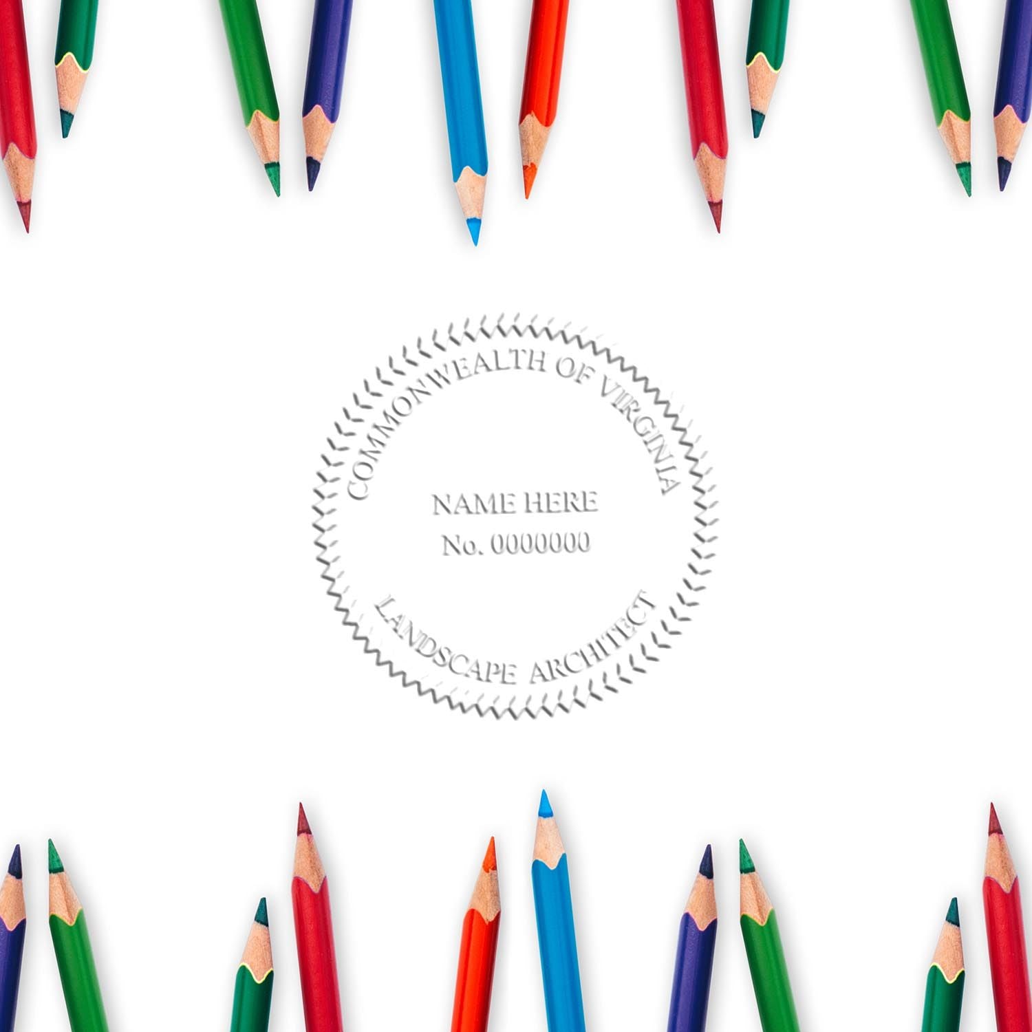 Colorful pencils surrounding a Commonwealth of Virginia landscape architect seal on a clean white background.
