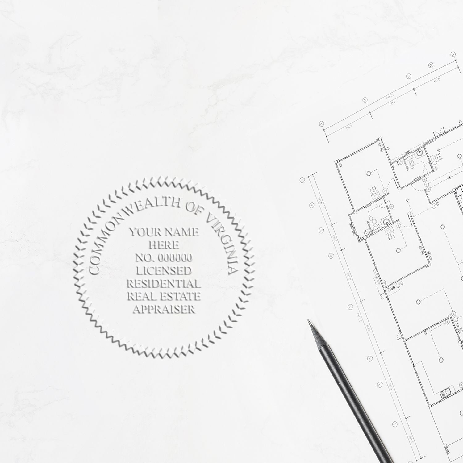 Virginia Commonwealth licensed residential real estate appraiser stamp beside architectural floor plan and pencil on blueprint paper