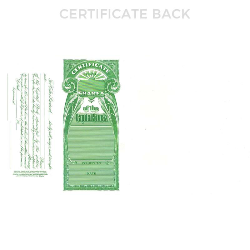 Back of vintage stock share certificate showing 5 shares issued to the holder, with Capital Stock certificate wording.