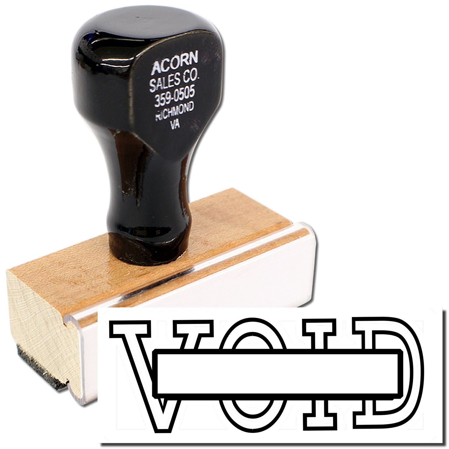 Black VOID rubber stamp with wooden handle, office supply for marking documents.