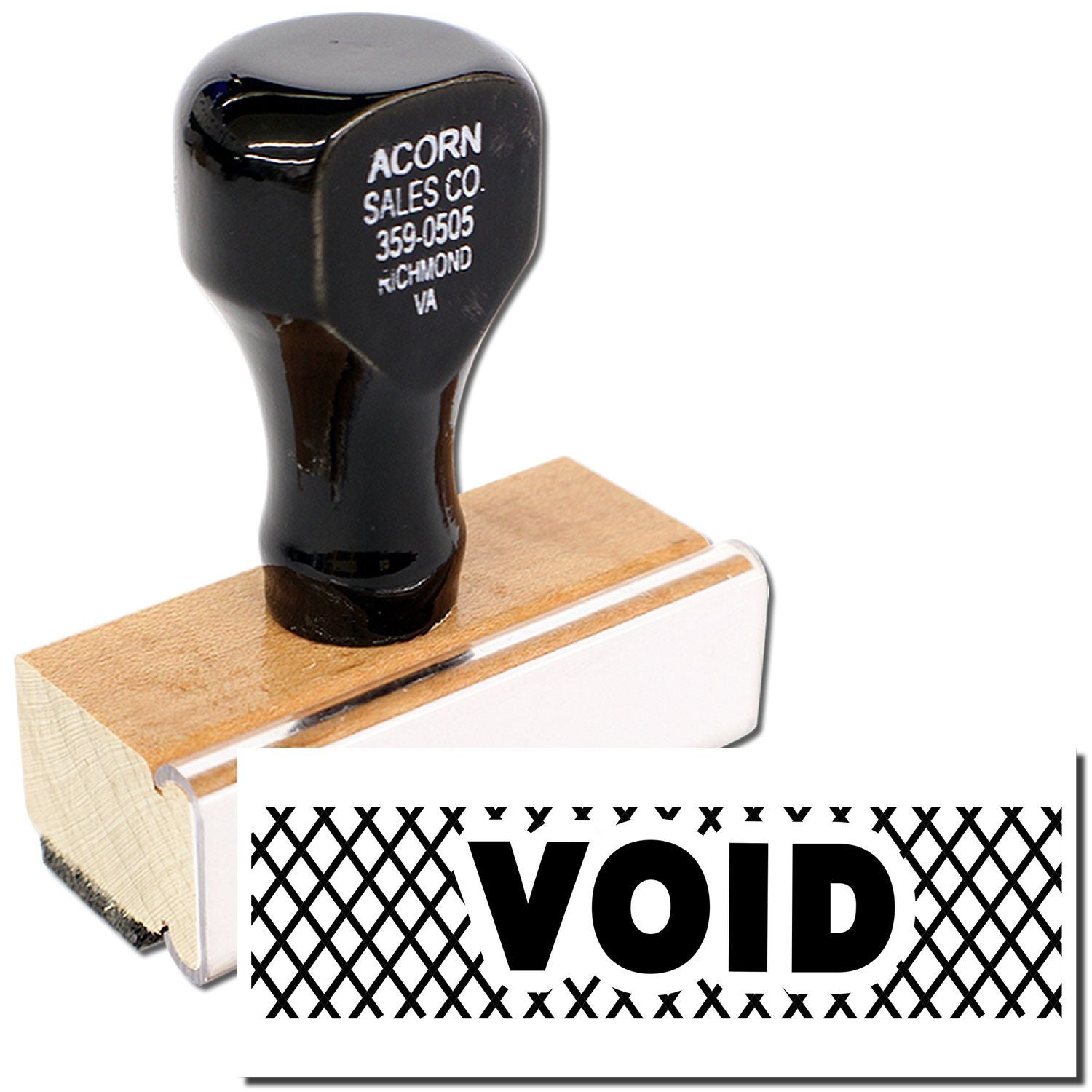 Black custom VOID rubber stamp with wooden handle and branded imprint from Acorn Sales Co.