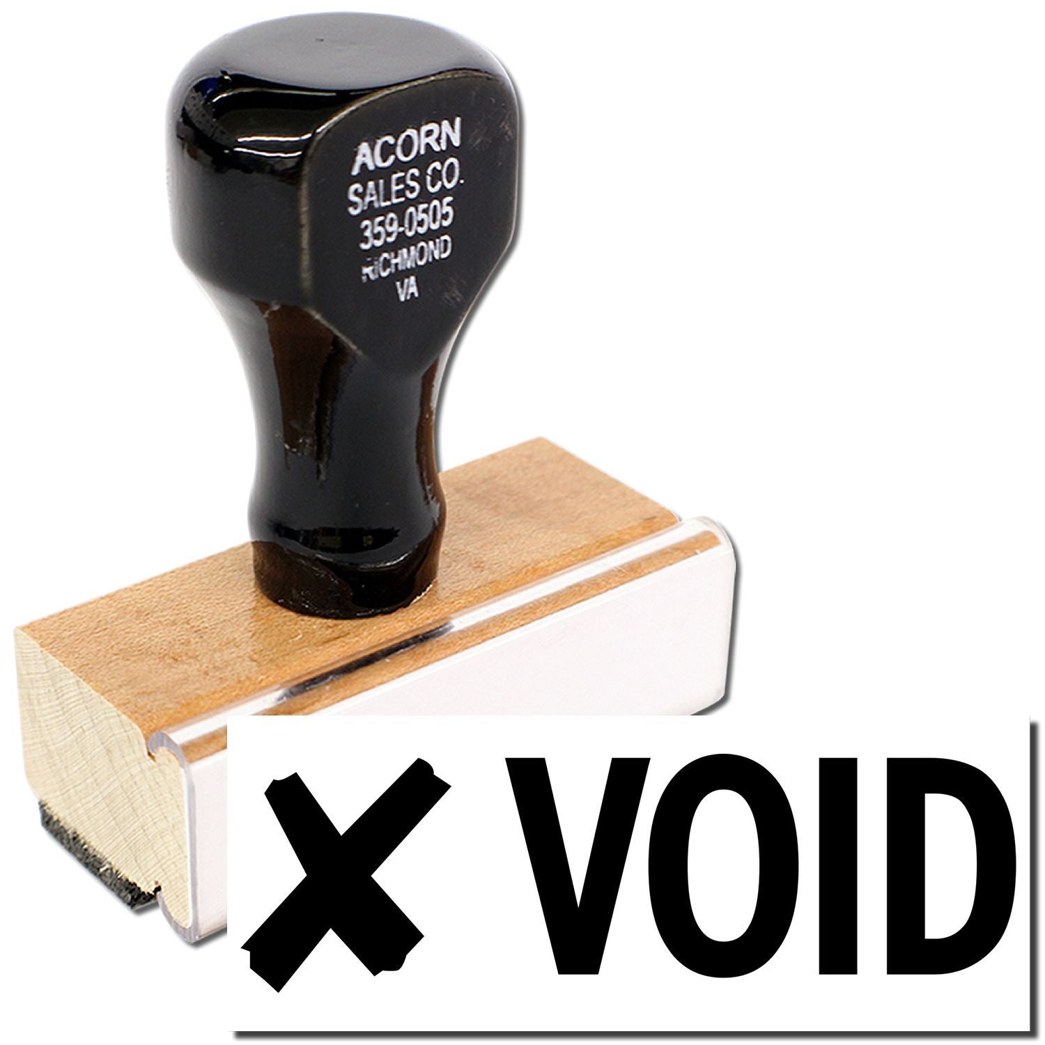 Black VOID rubber stamp with wooden handle, office document cancellation stamp
