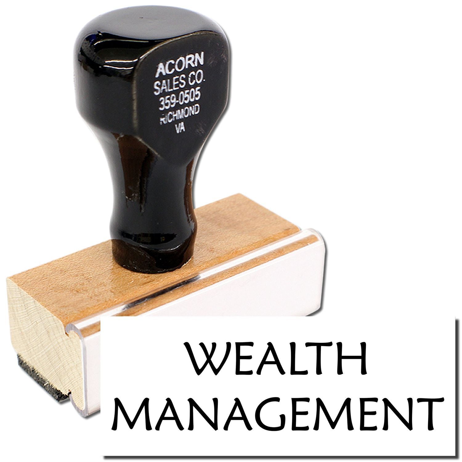 Wealth management rubber stamp with Acorn Sales Co. label on white background