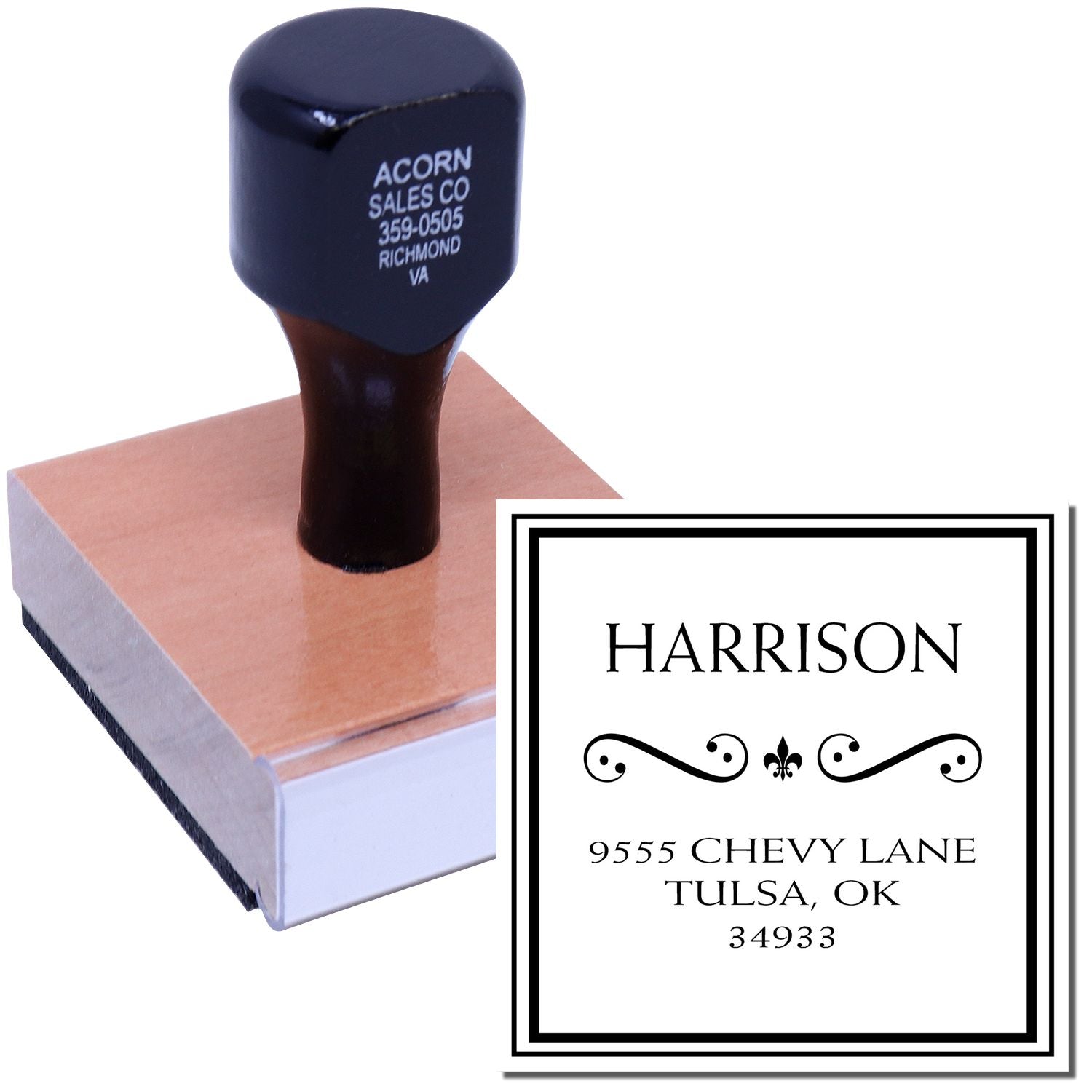 Custom return address rubber stamp showing HARRISON, 9555 Chevy Lane, Tulsa OKmade for mailing and marking envelopes.