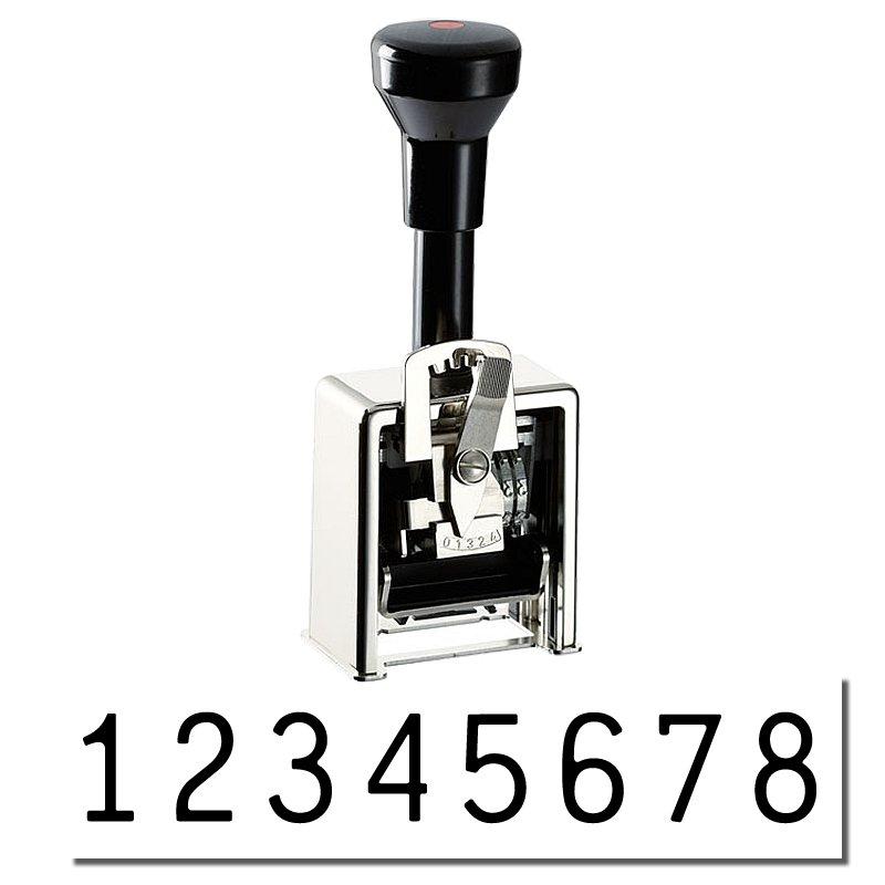 The image shows an 8-digit numbering machine with "12345678" showing.