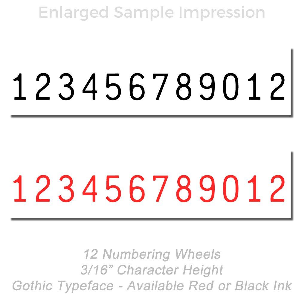 Sample impression of a 12-numbering wheel stamp in 3/16-inch Gothic typeface, available in red or black ink.