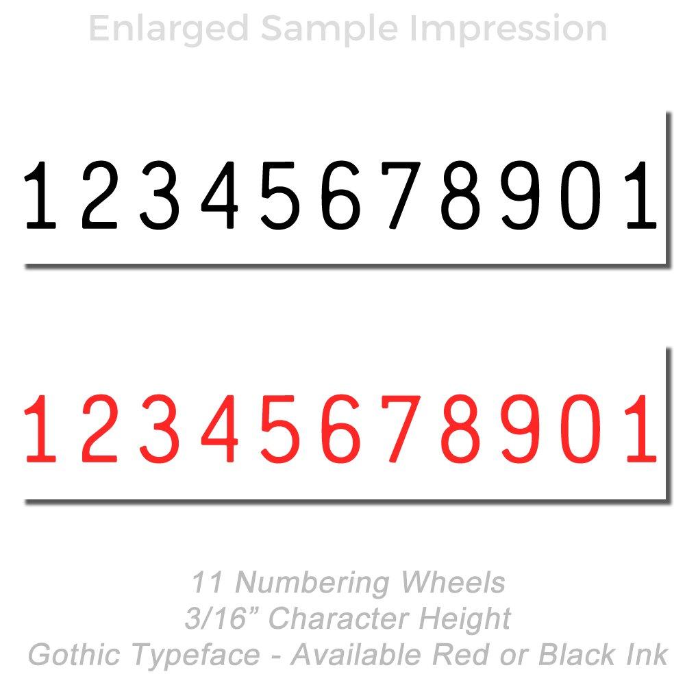 11 numbering wheels with 3/16-inch gothic character height sample impression in red and black ink, available for stamping and numbering prints