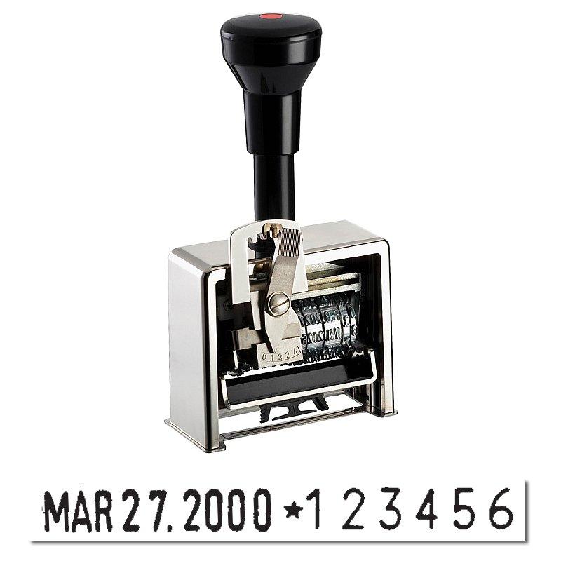 The image shows a wide-frame number stamping machine with "MAR27.2000*123456" showing.