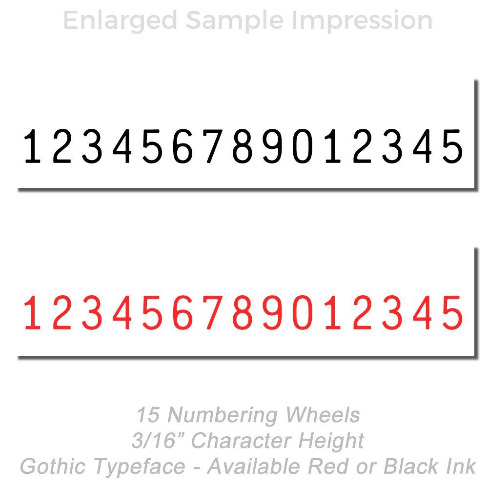 15 numbering wheels sample impression in gothic typeface, 3/16-inch character height, available in black and red ink