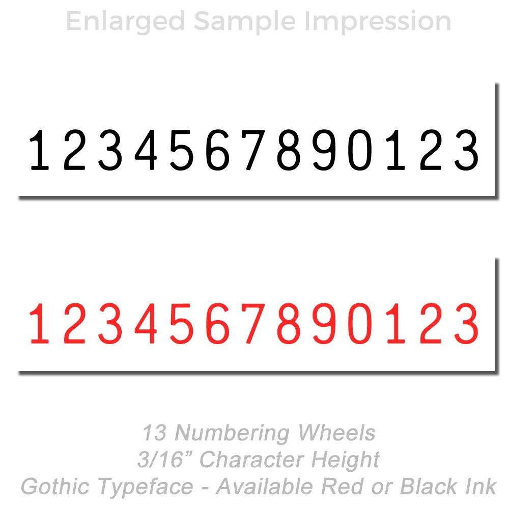 13 numbering wheels sample impression in Gothic typeface, 3/16-inch character height, shown in black and red ink.