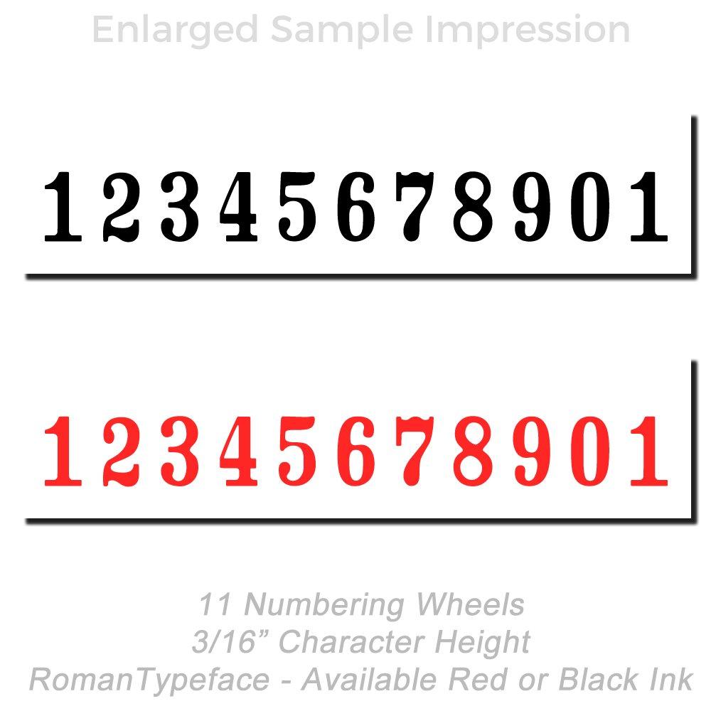 11 numbering wheels stamp sample with 3/16 inch Roman typeface in black and red ink, showing 12345678901