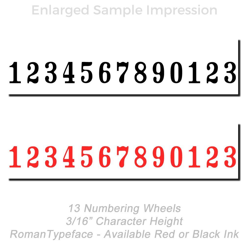 13 numbering wheels with 3/16-inch Roman typeface characters in black and red ink, showing sequential numbers 1234567890123.