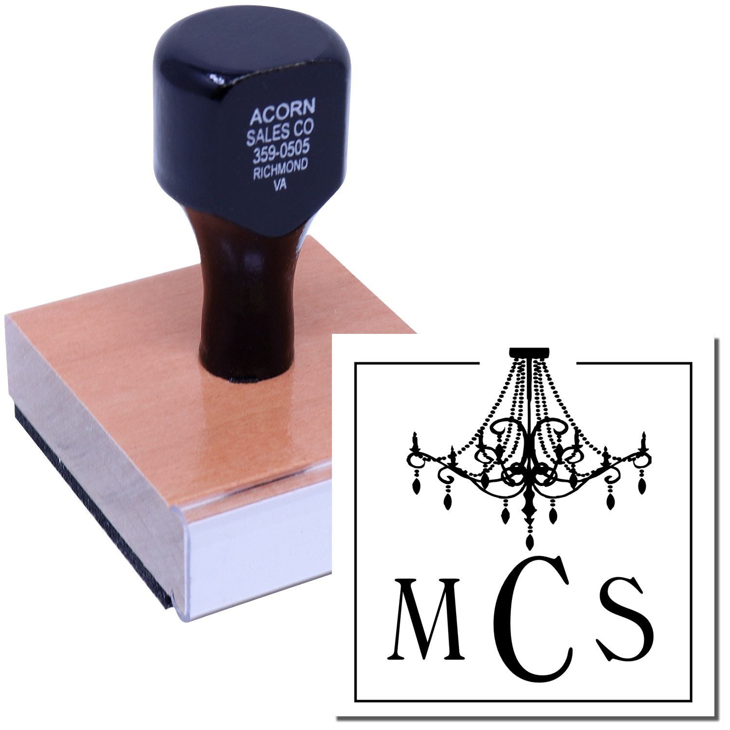 Acorn Sales Co navy stamp for branding, Richmond VA 359-0505, showing MC S logo with chandelier graphic.