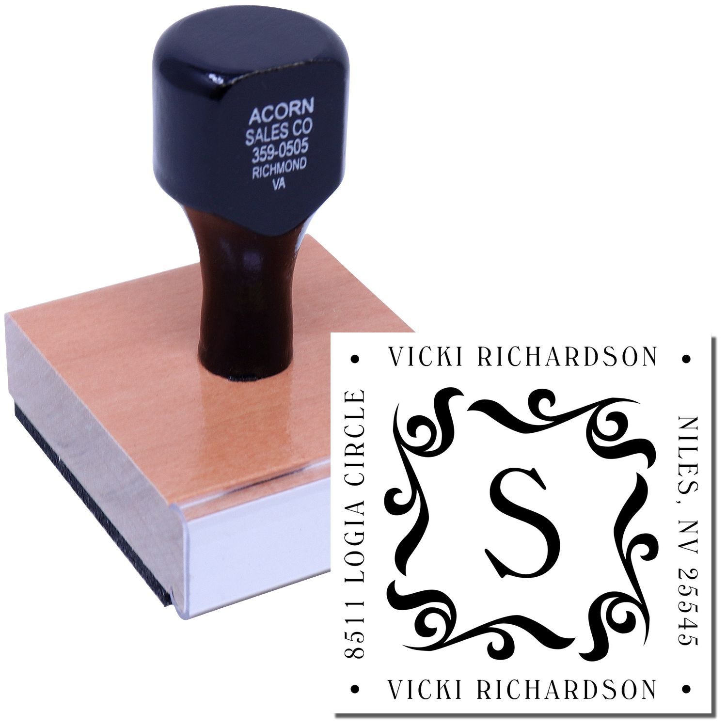Custom address stamp for Vicki Richardson on stamp pad, labeled Acorn Sales Co Richmond VA 359-0505 for mailings and documents.
