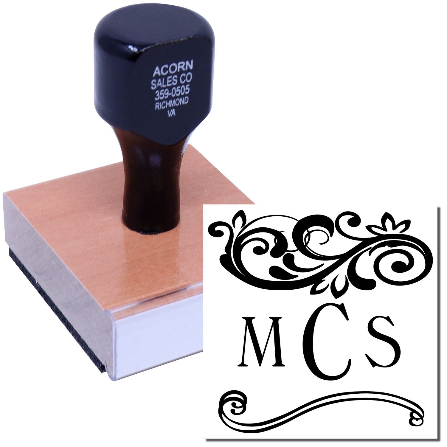 Acorn Sales Co custom stamp with branded handle on cardboard box, showing company logo and Richmond, Virginia contact (359-0505).
