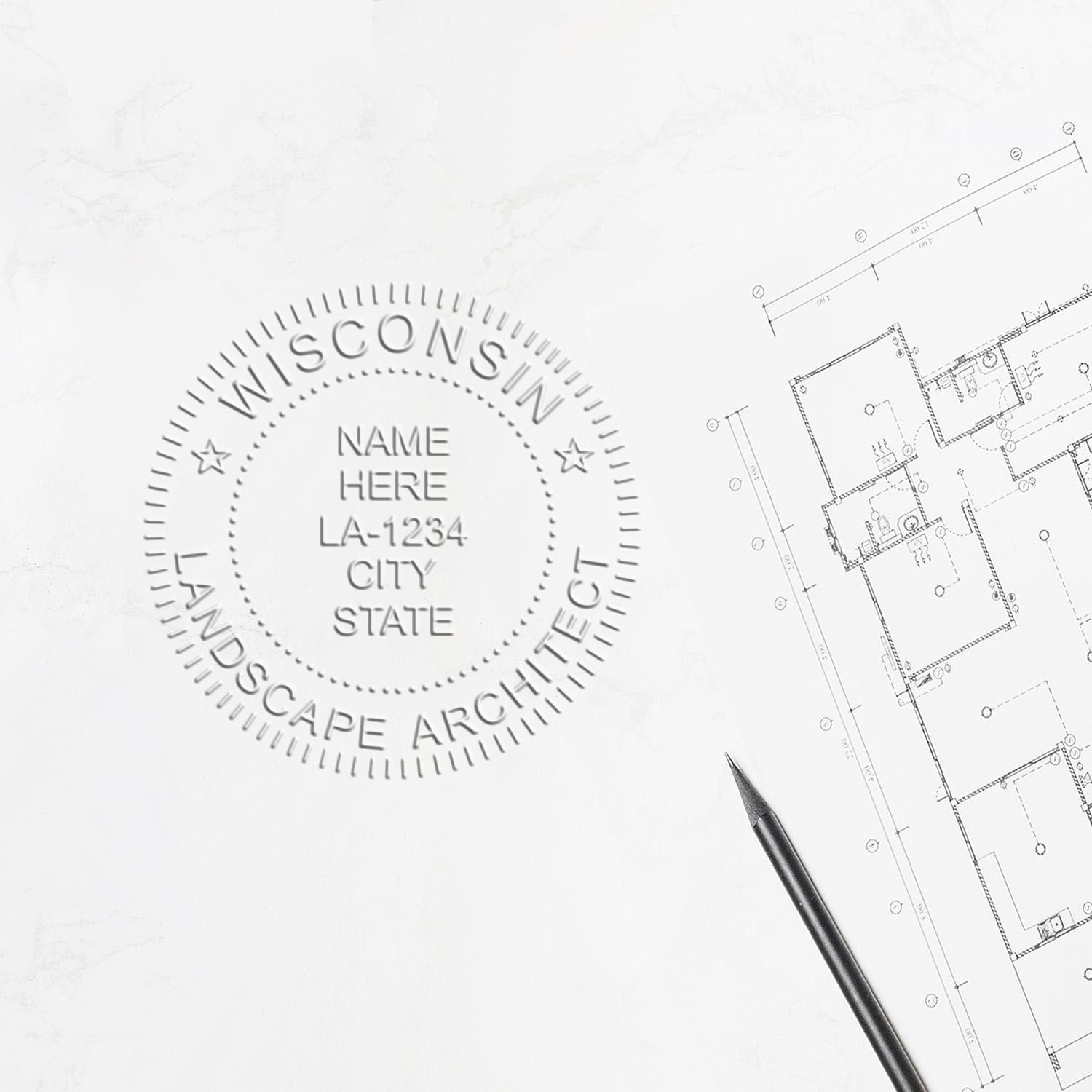 Wisconsin landscape architect seal over blueprint plan with drafting pencil on white background.