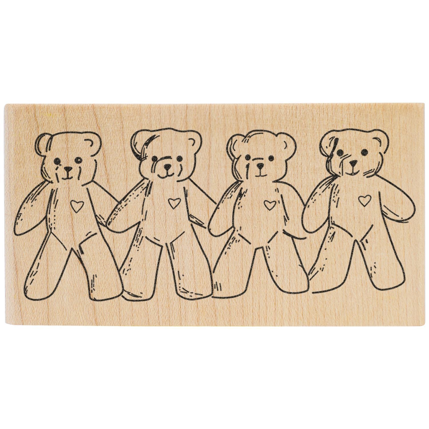 Cute wooden stamp with four hand-drawn teddy bears holding hands, featuring heart details on a light wood background.