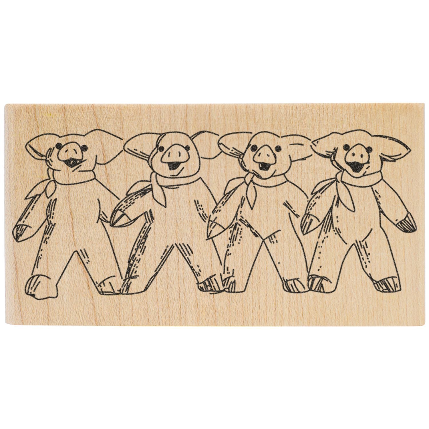 Wooden rubber stamp featuring four cute pig illustrations, perfect for DIY crafts and stationery projects.