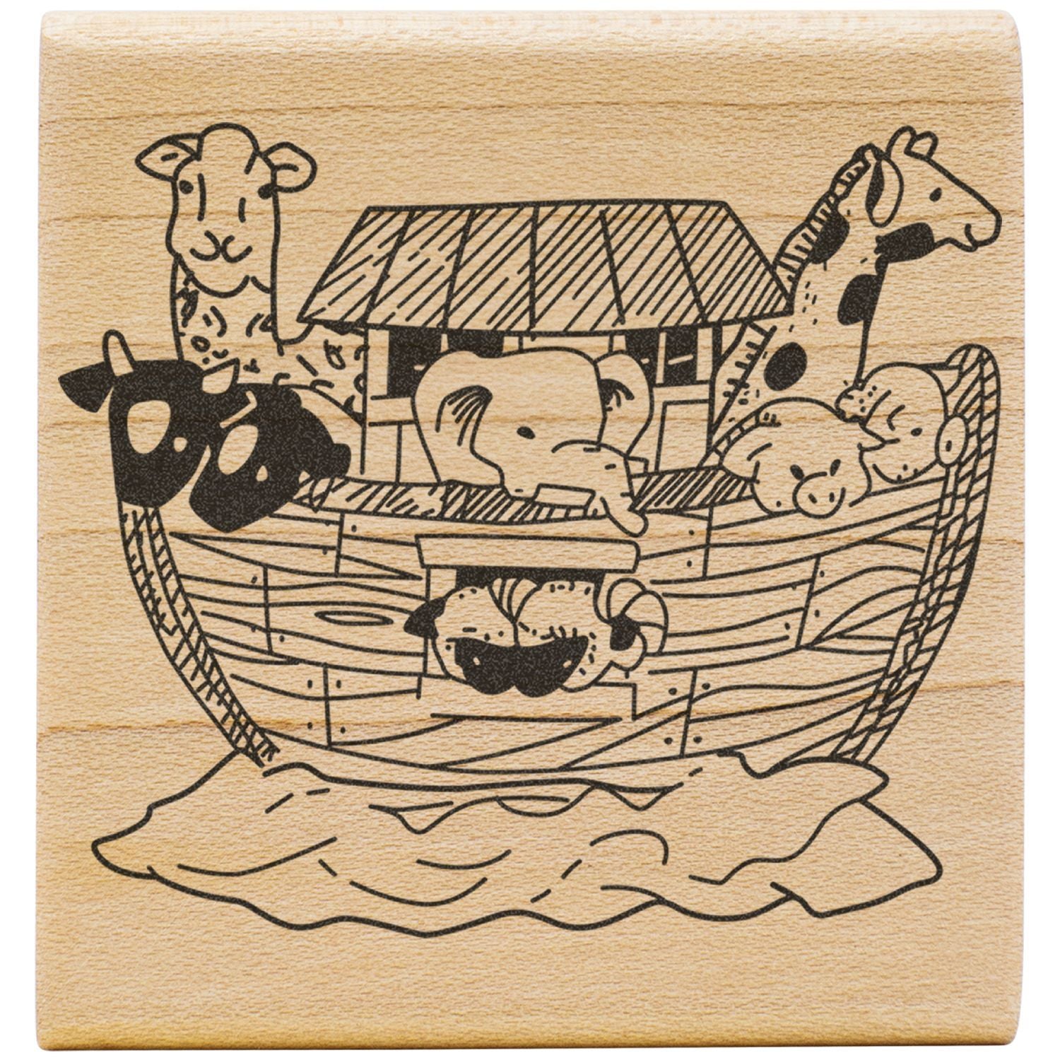 Wooden Noahs Ark engraving with assorted animals, carved wildlife illustration on natural timber block.
