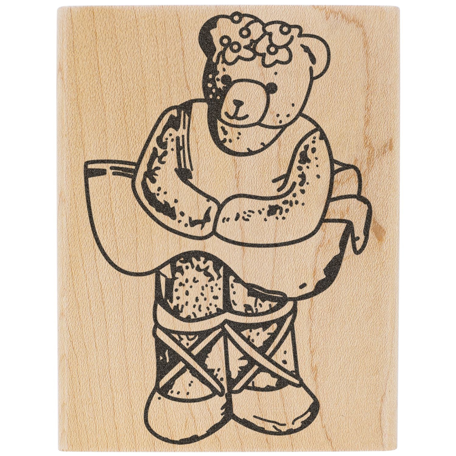 Cute bear illustration on wood background, black line art of a teddy bear wearing a flower crown and patterned outfit.
