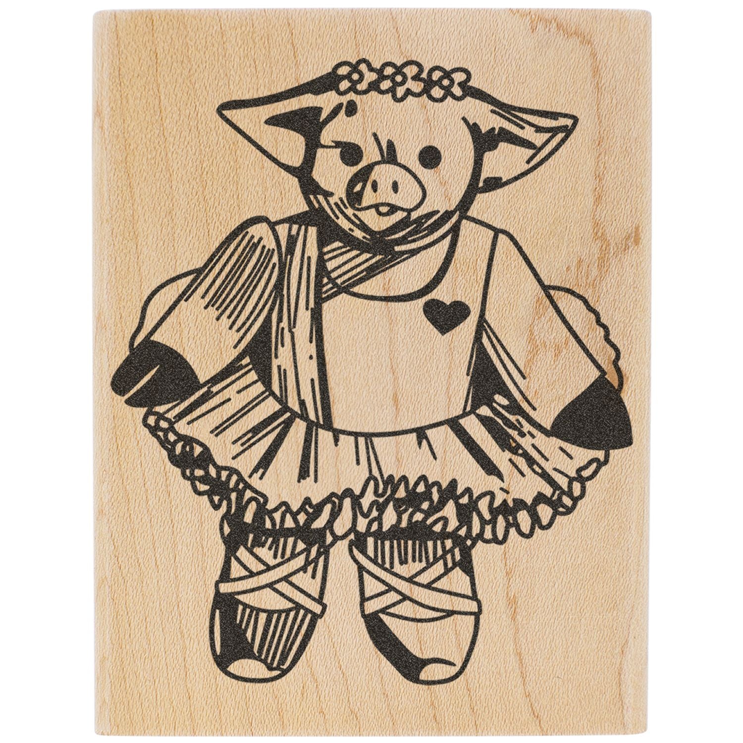 Stylized pig illustration on a wooden background with black line art of a cute traditional Japanese doll in dress.