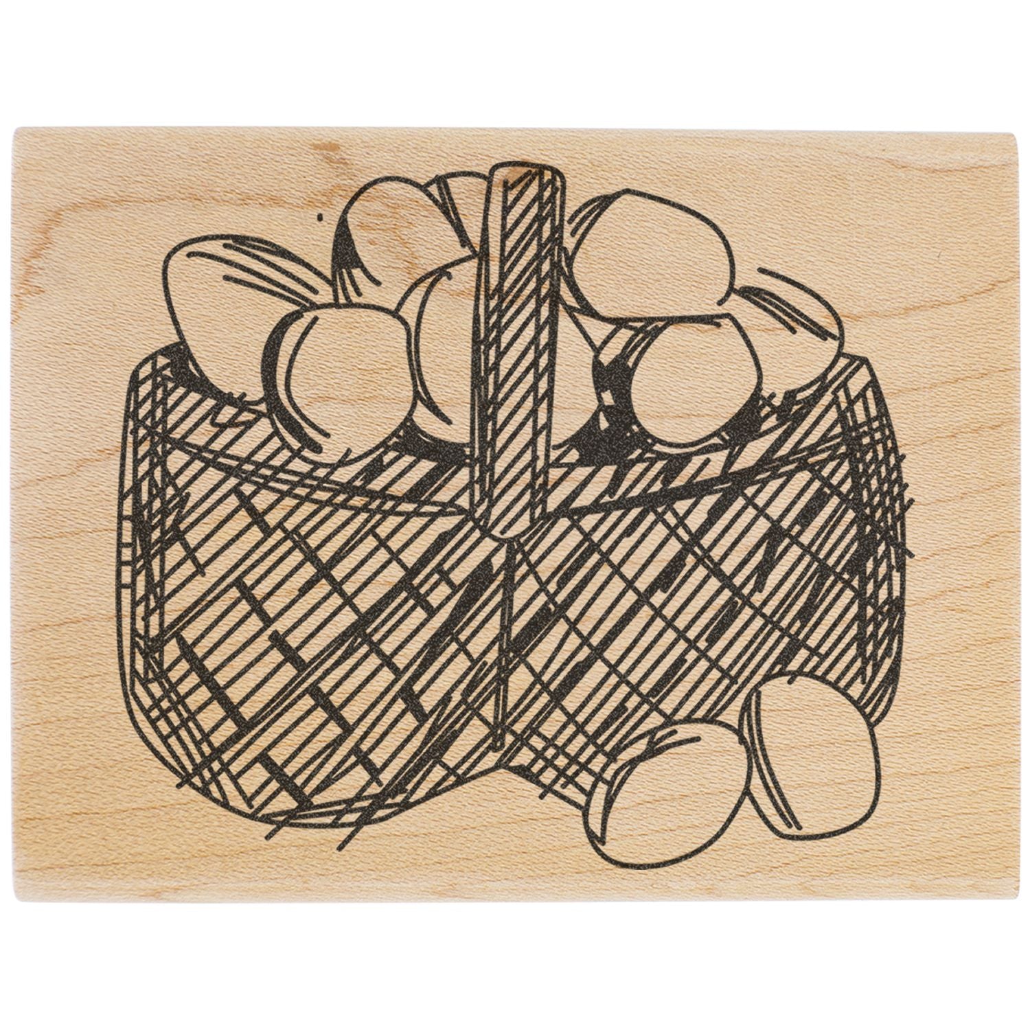 Hand-drawn wicker basket filled with potatoes on a wooden background.