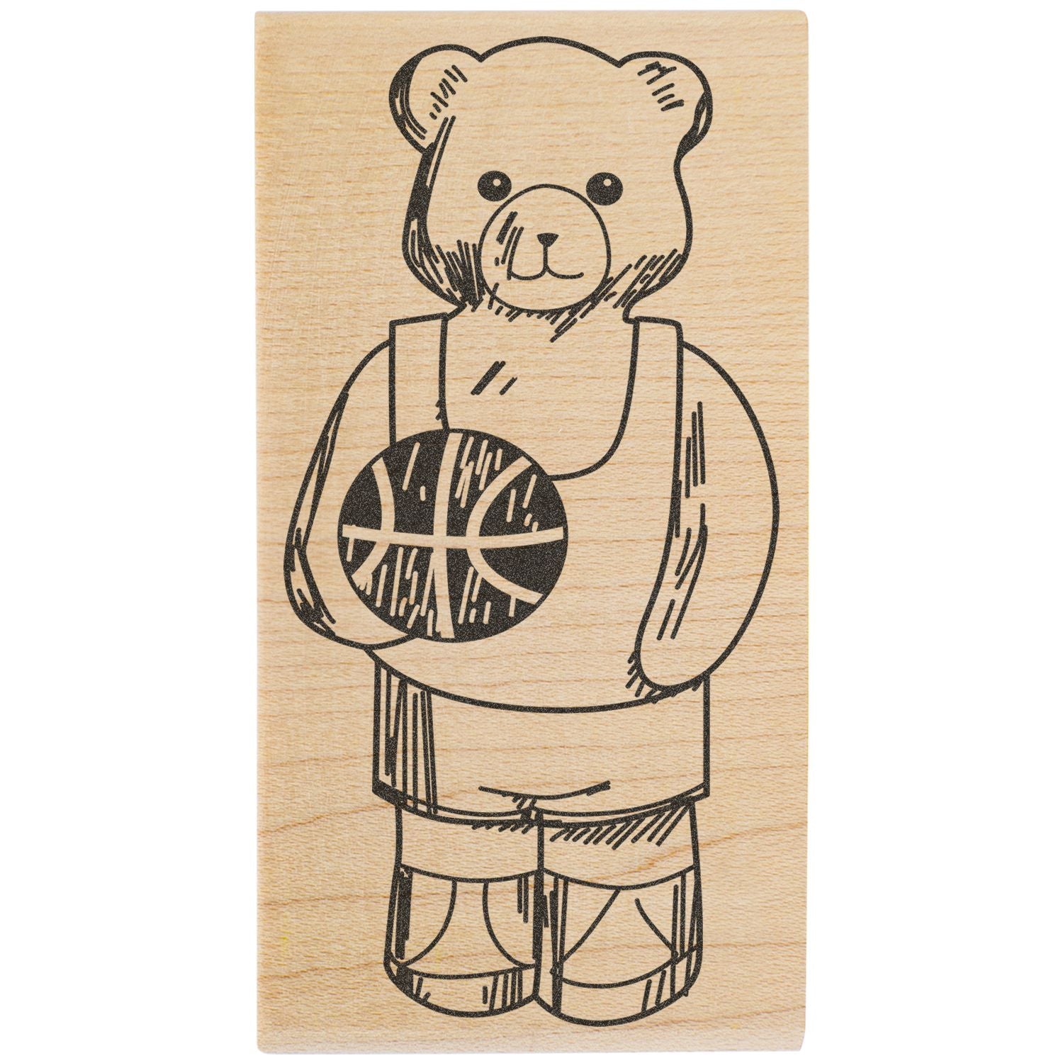 Wooden bear holding basketball engraving, cute sports-themed illustration on natural wood plaque.