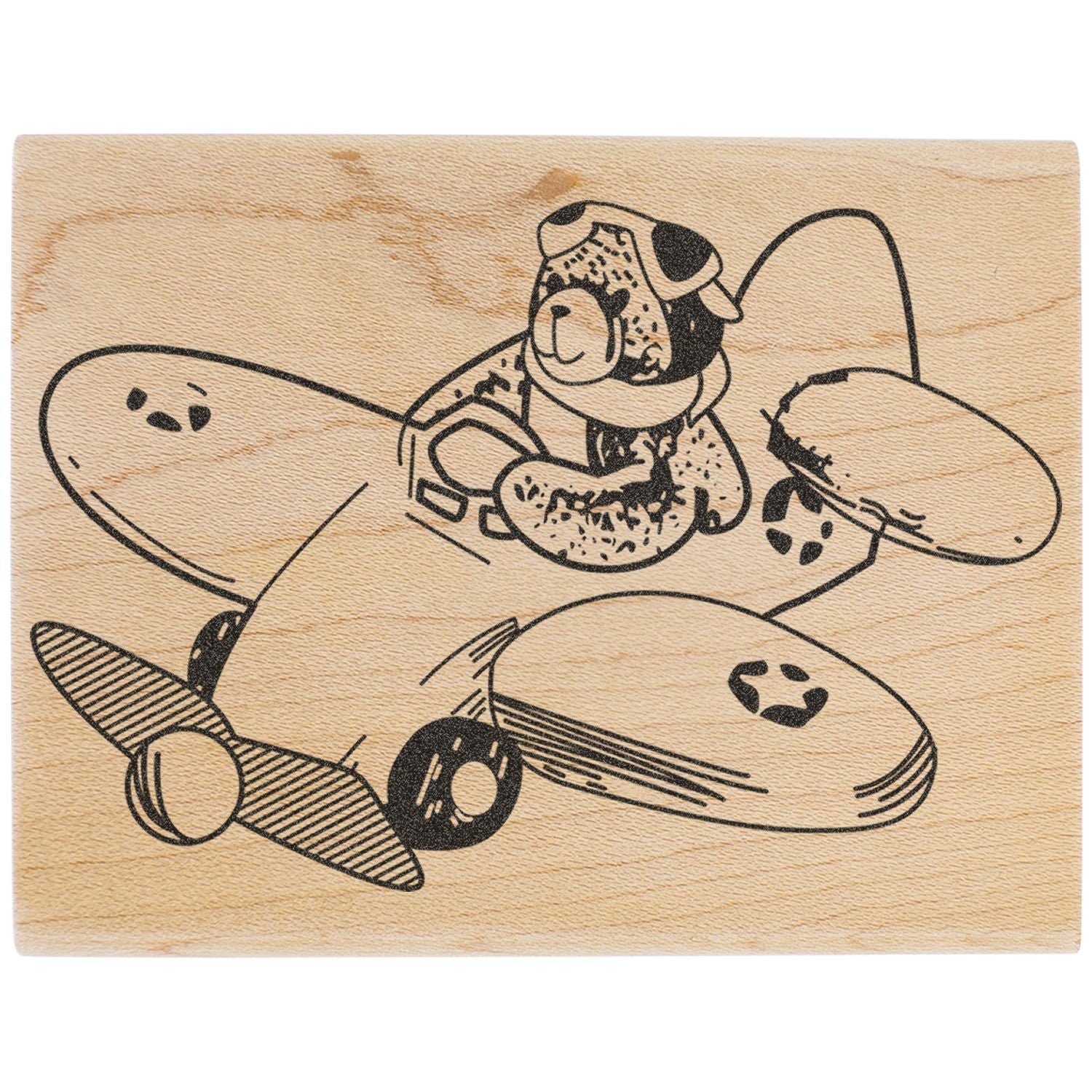Laser engraved wooden airplane with a cute dog pilot illustration on a natural wood block.