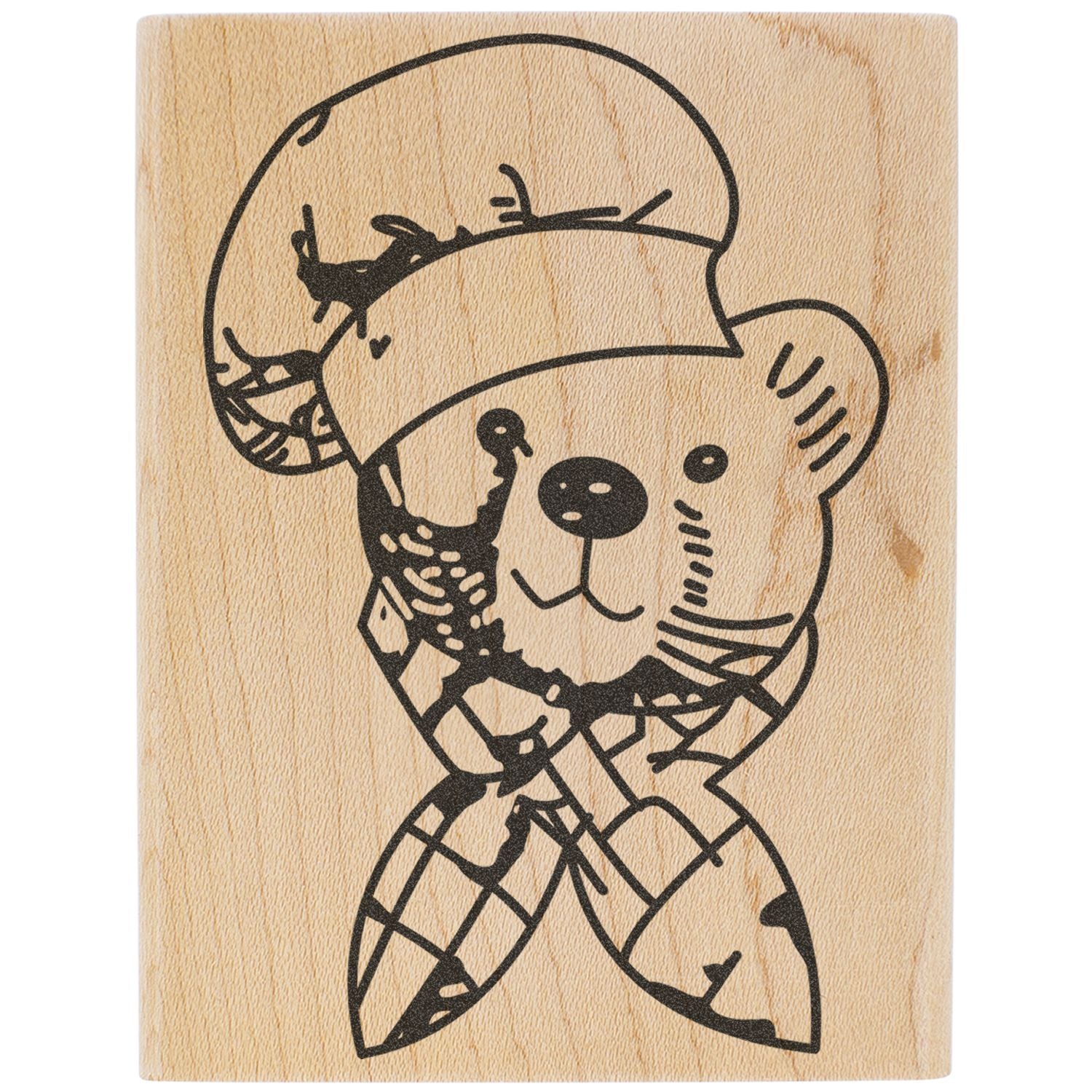 Cute cartoon bear line art engraved on a wooden background, black decorative animal illustration.