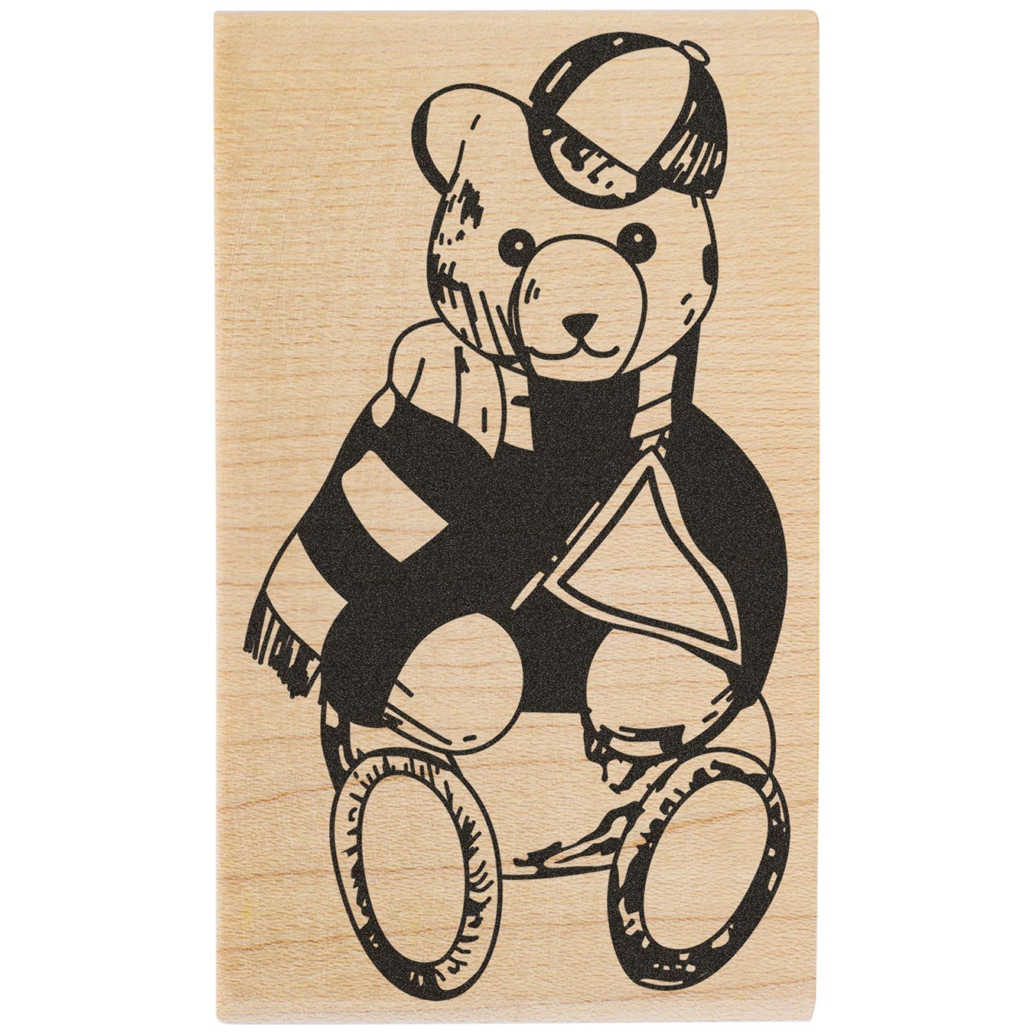 Cute teddy bear illustration on wooden background, black line art stamp design for kids decor or crafts