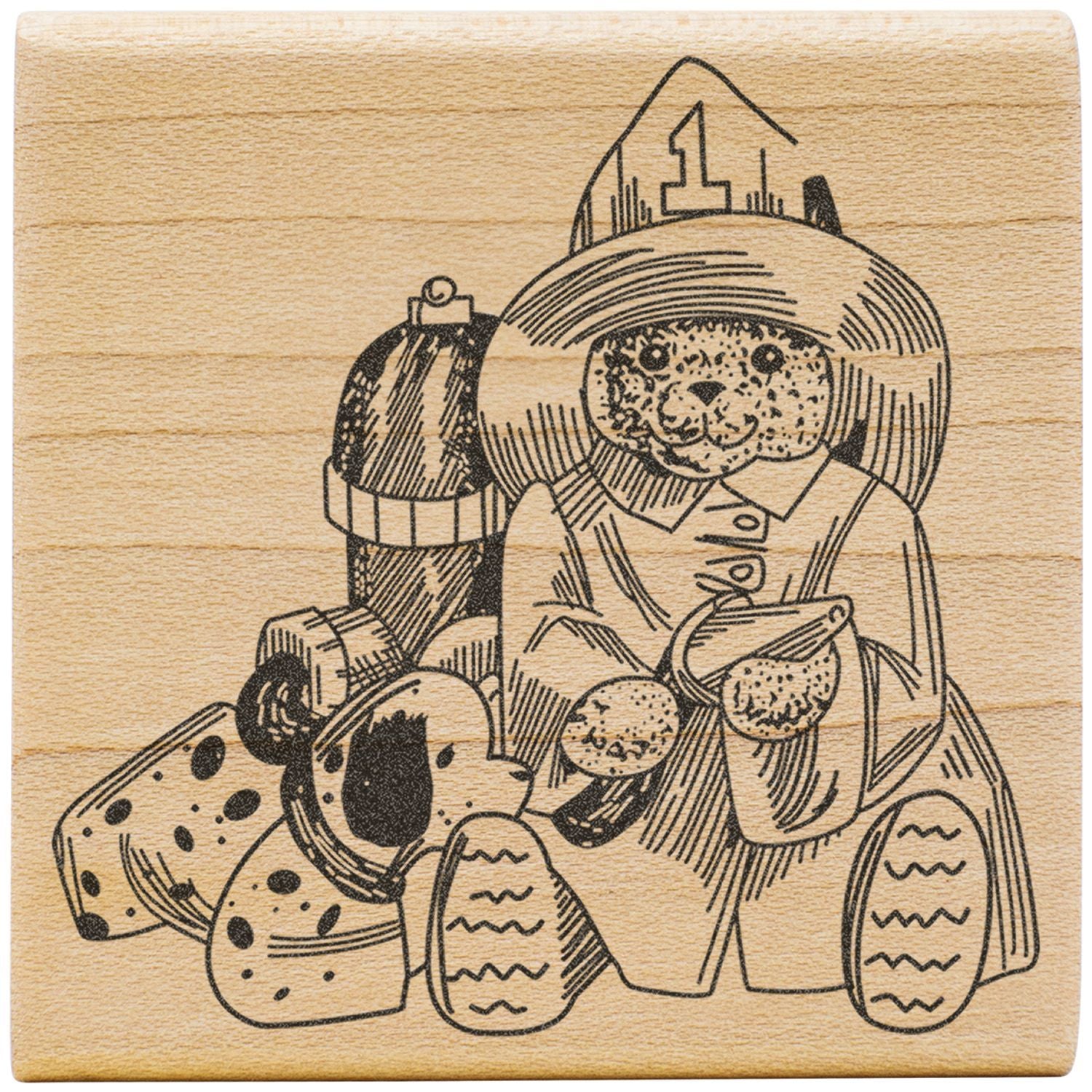 Cute bear in winter hat and scarf engraved on a wooden stamp block, black line art illustration.