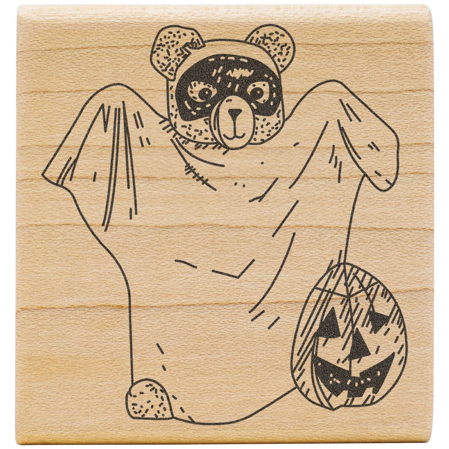 Cute Halloween bear illustration on a wooden stamp with bat wings and jack-o-lantern pumpkin design