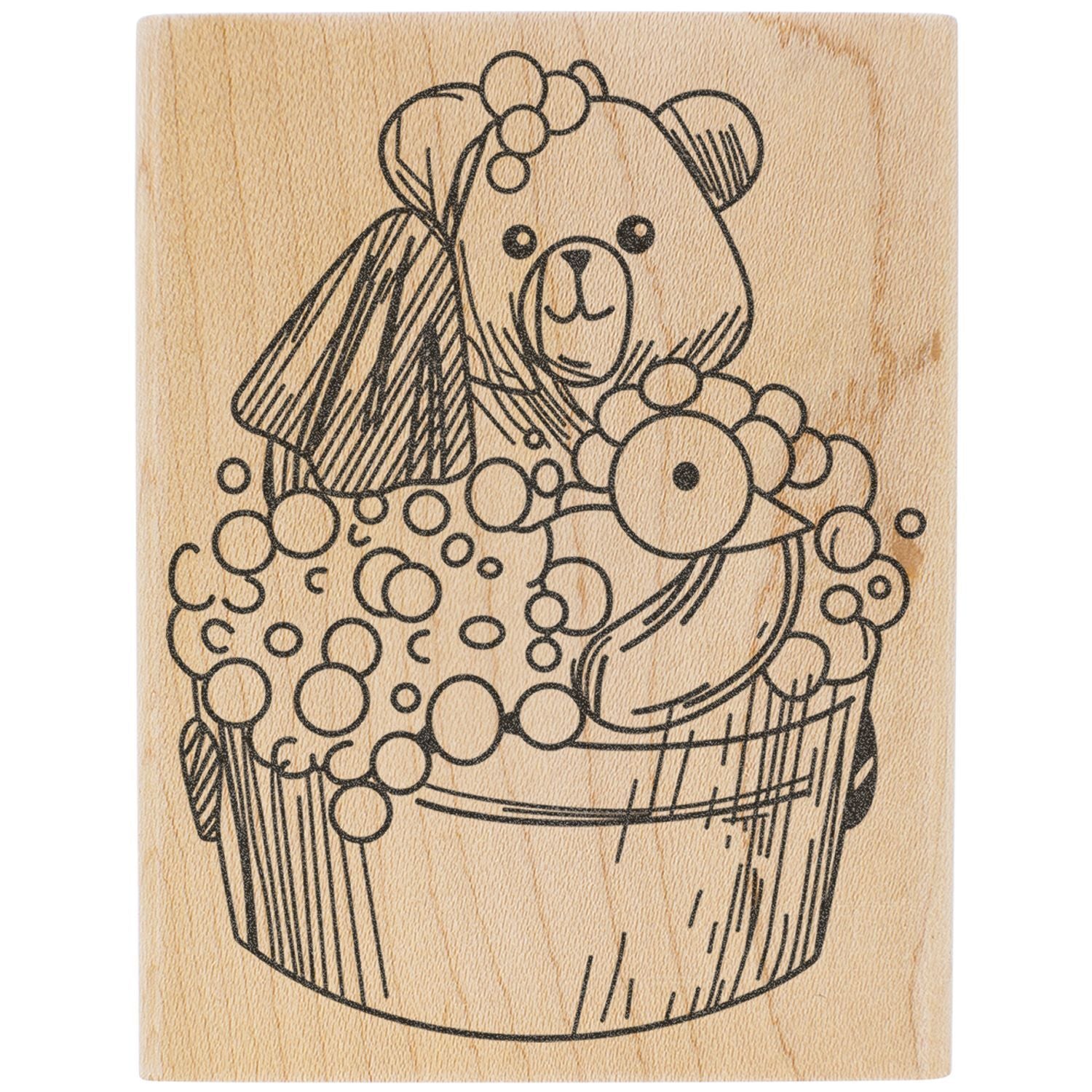 Cute teddy bear illustration with flowers in a wooden stamp design on a rustic background