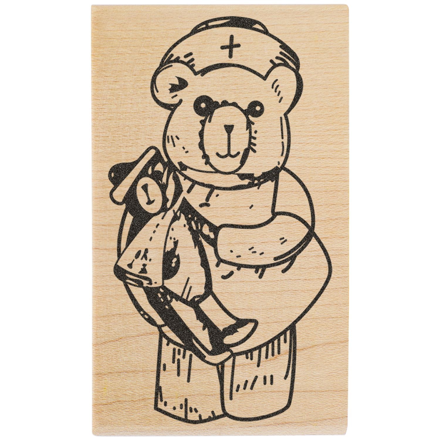 Wooden stamp-style illustration of a teddy bear nurse holding a teddy bear, black line art on natural wood background.