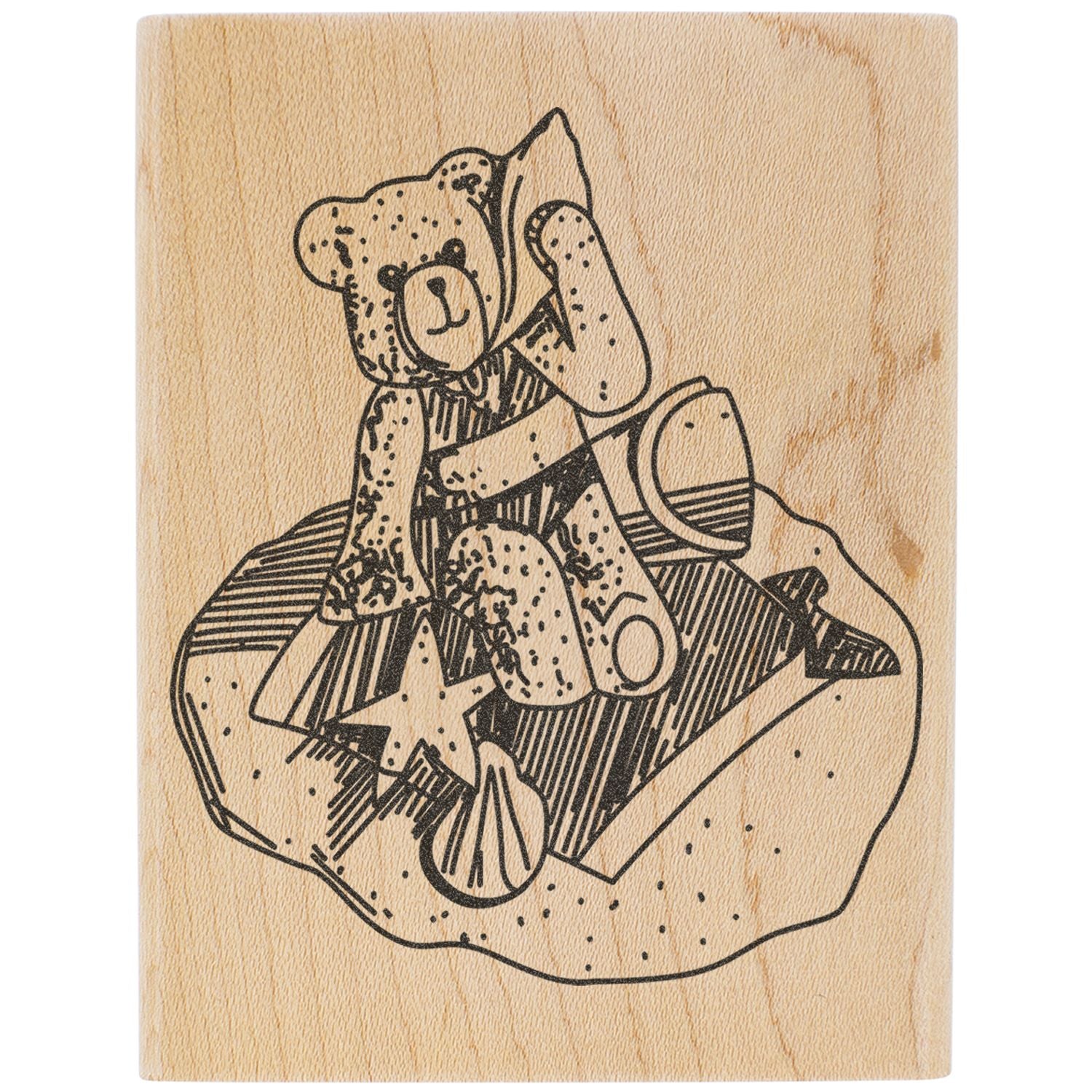 Cute teddy bear illustration stamped on a wooden surface with stars and abstract geometric shapes.