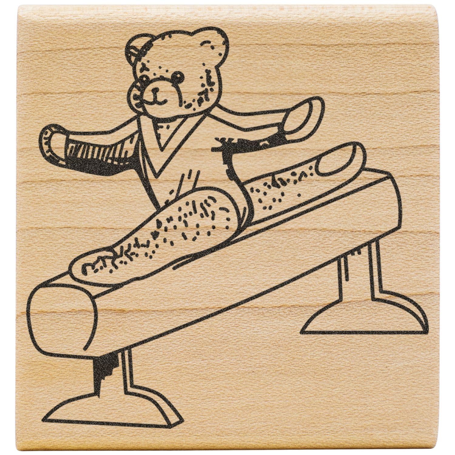 Cute teddy bear balancing on a gymnastics balance beam illustration on a wooden background.