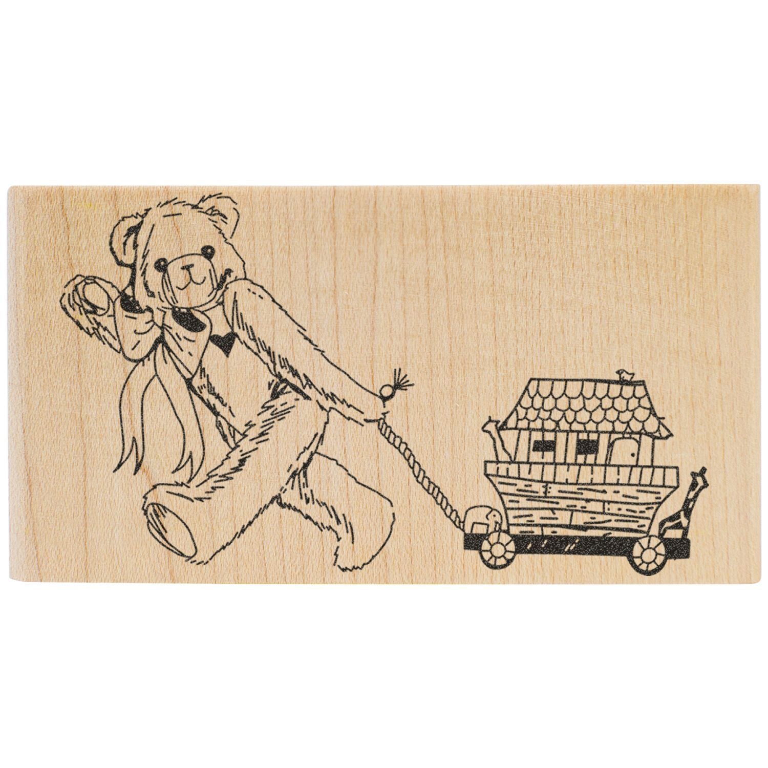 Wooden engraved teddy bear pulling a house-shaped wagon, cute handmade toy illustration.