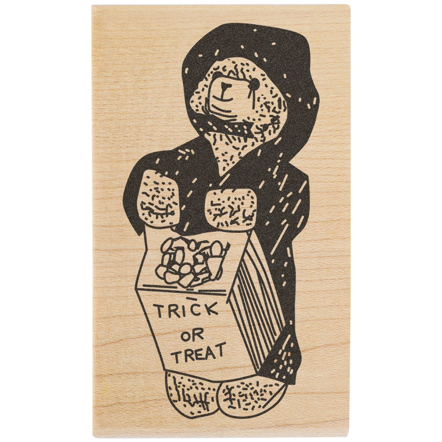Halloween bear trick-or-treat wooden stamp illustration with a hooded character holding a candy box labeled Trick or Treat
