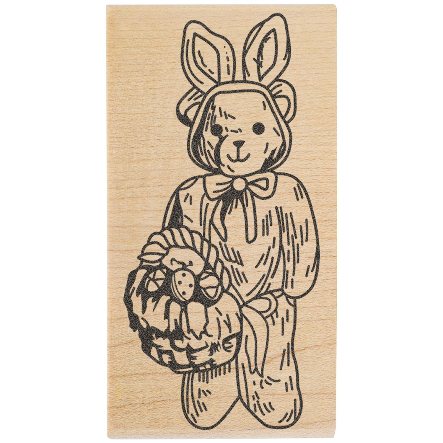 Cute engraved wooden bunny holding a pumpkin, Halloween-themed rustic wood art illustration