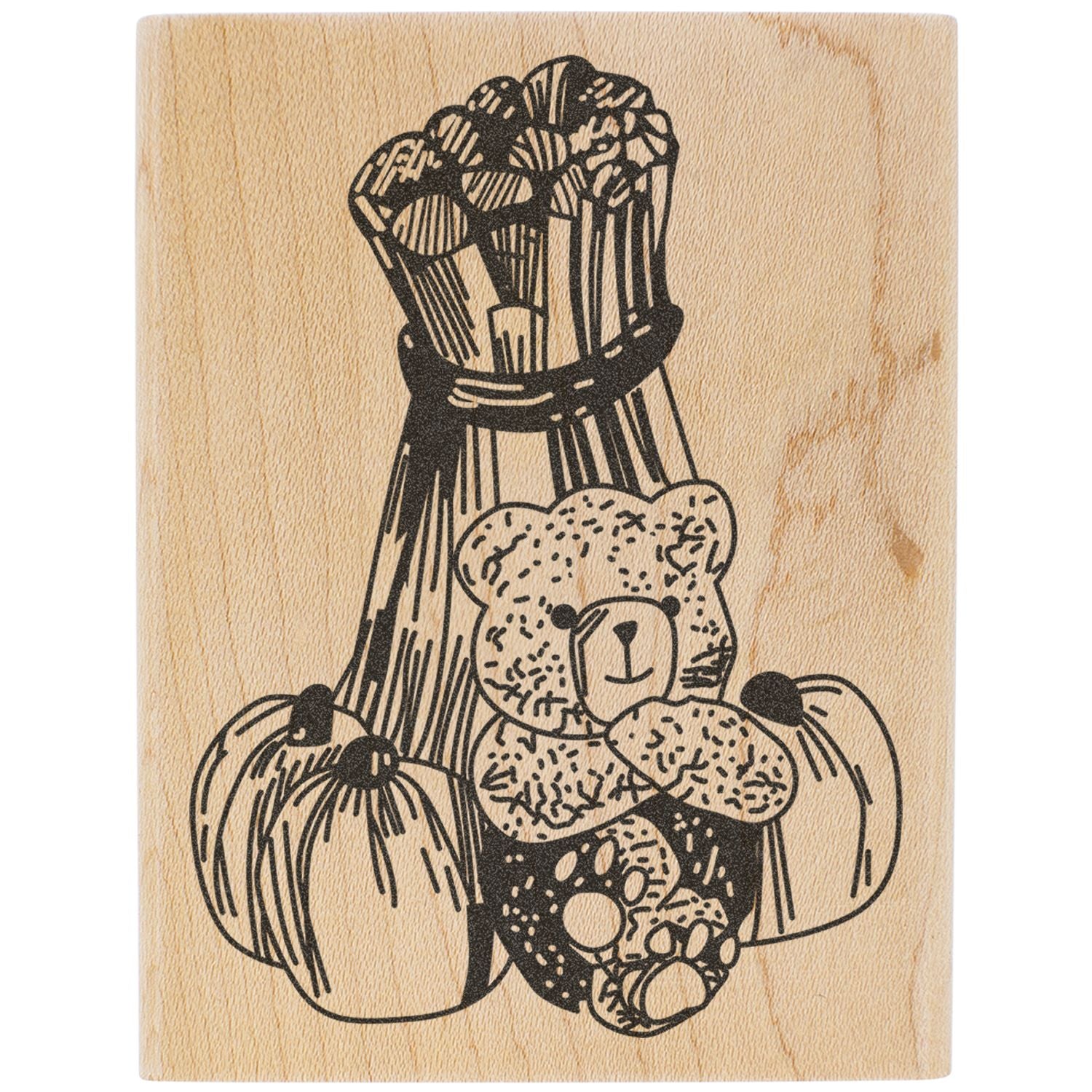 Cute bear and pumpkins woodblock-style illustration on a natural wood background.