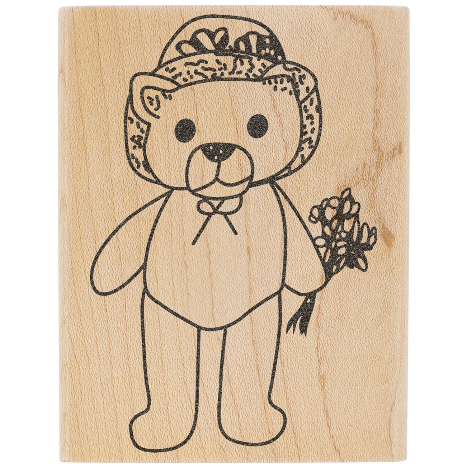 Cute teddy bear line art on a wooden background, holding flowers, with a floral hat and rustic nursery decor style.