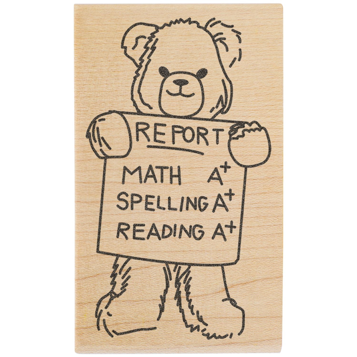 Cute teddy bear holding a report card with A+ grades in math, spelling, and reading on a wooden stamp design.