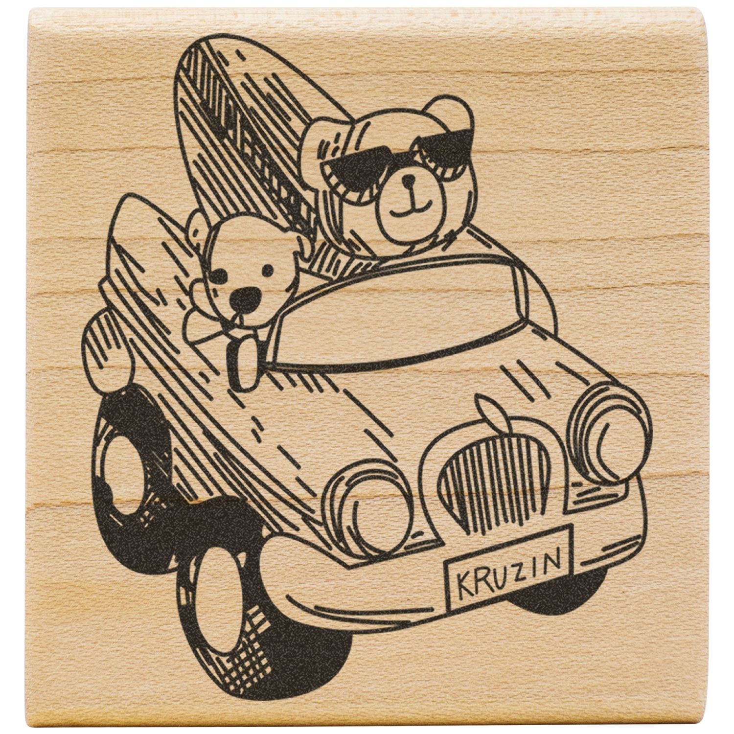 Wooden engraved teddy bears driving a cute car with KRUZIN license plate, playful rustic kids decor art.