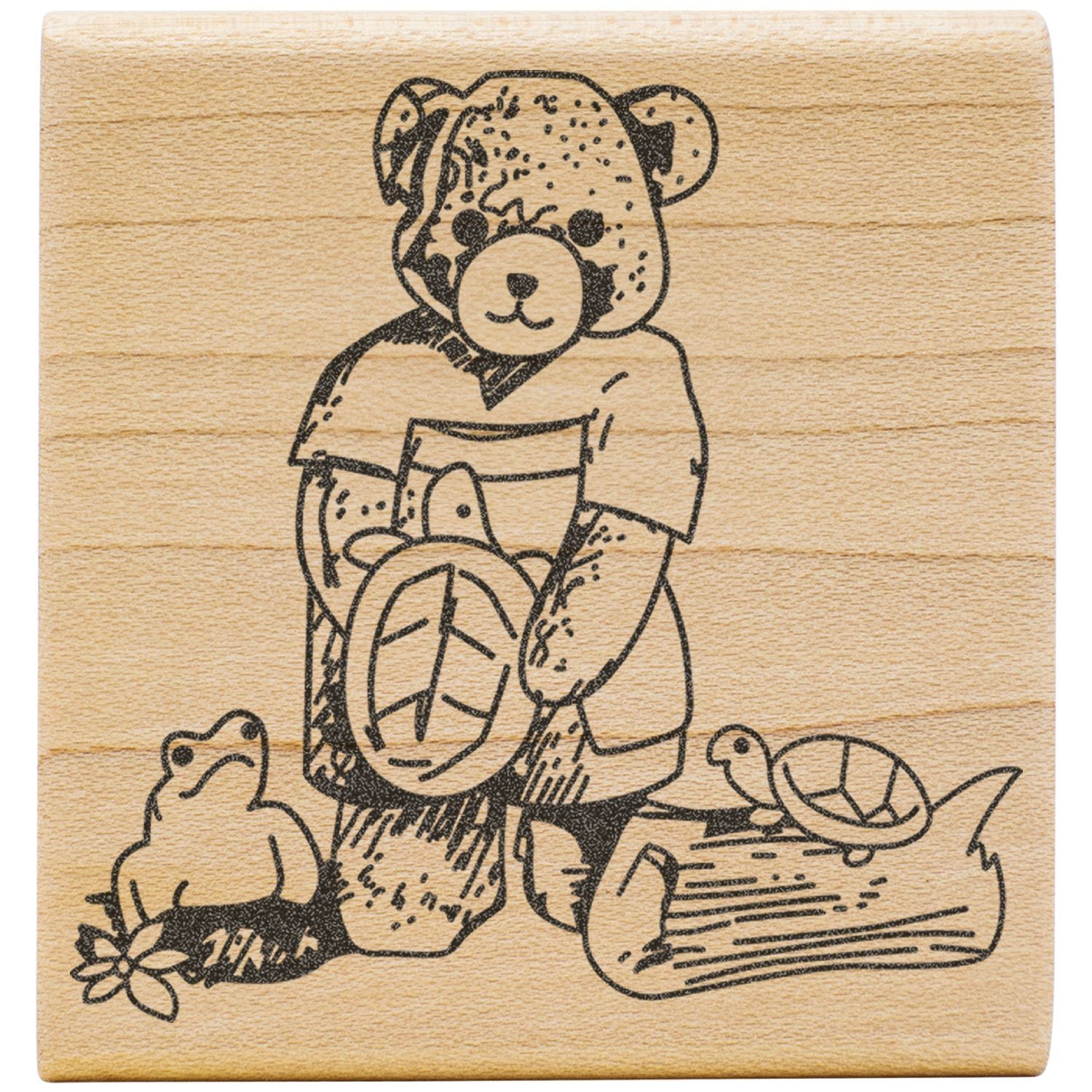 Cute teddy bear and turtle wooden block stamp illustration on natural wood background