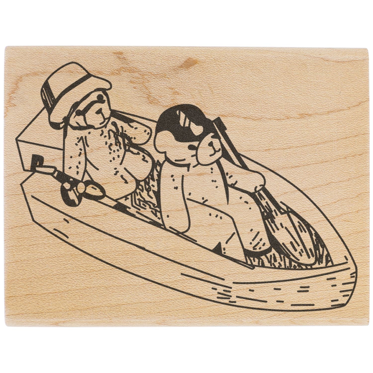 Wooden engraved illustration of two men in a boat, carved on natural wood.
