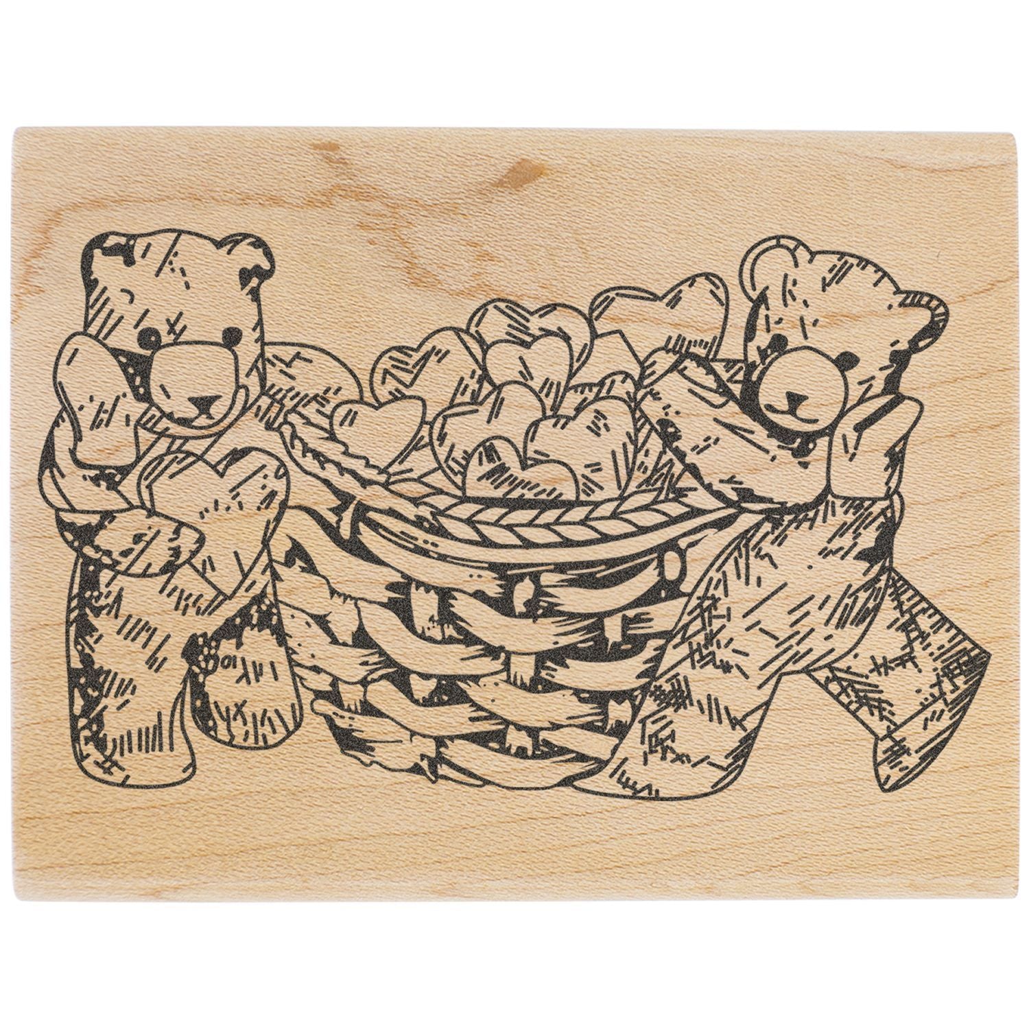Engraved wooden teddy bear design with heart basket on natural wood block.