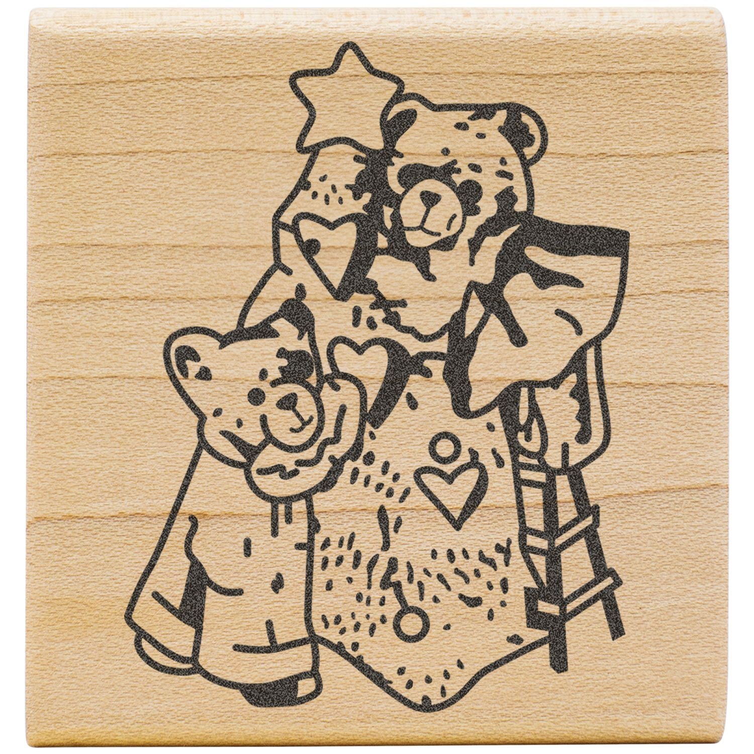 Cute teddy bear illustration with stars and hearts engraved on a wooden stamp background.